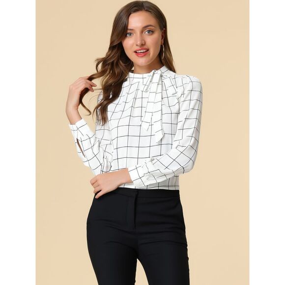 Bow Tie Neck Grid Checks Shirt Tops Blouses White - Picture 3 of 6